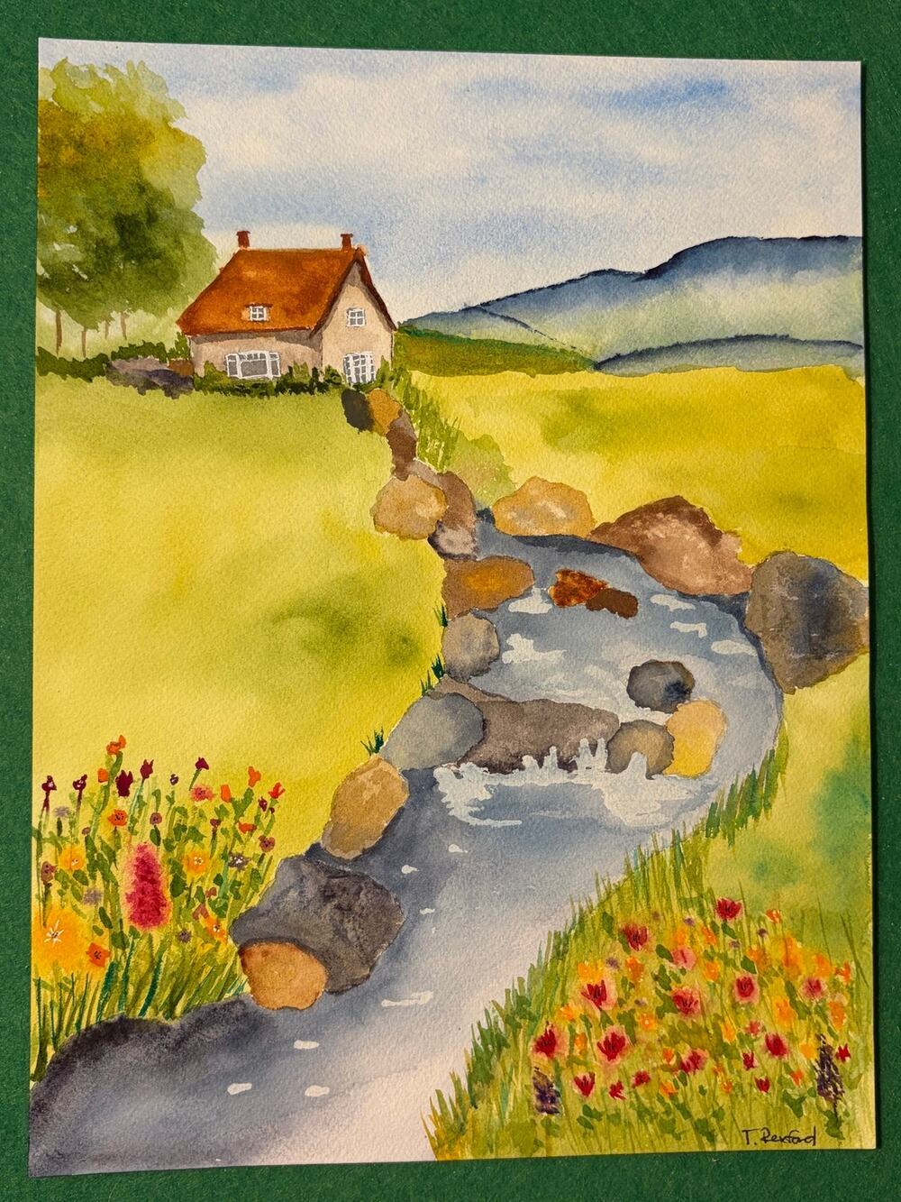 Hand painted watercolor original painting country house stream mountains flowers